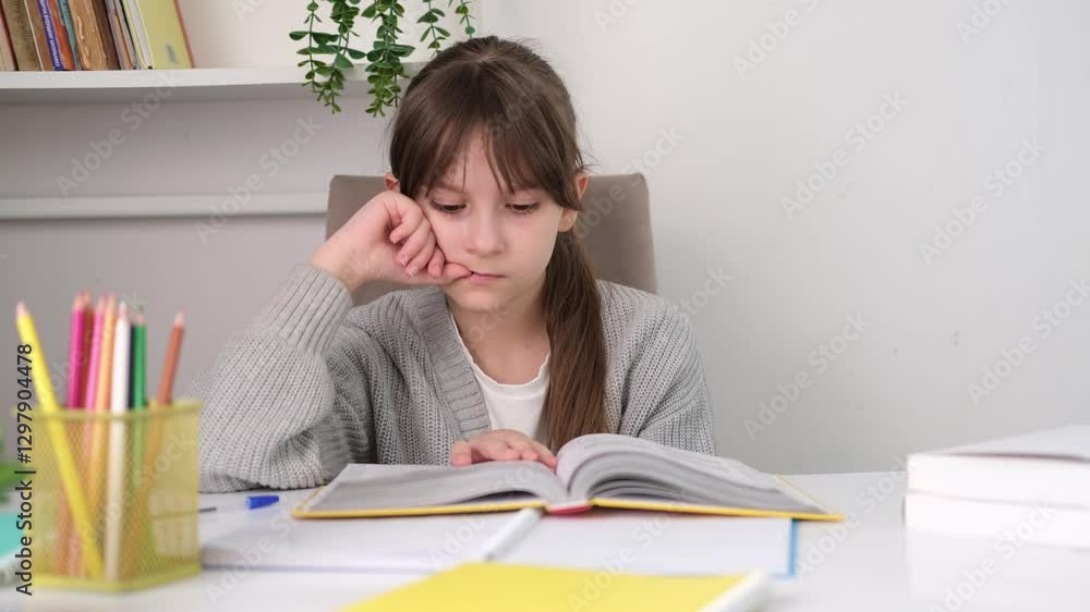 Girl is doing her homework at her desk and is worried, biting her nails, nervous and very anxious. An excited child is nervous under stress. Girl is doing her homework at her desk and is worried, biting her nails, nervous and very anxious. An excited child is nervous under stress.