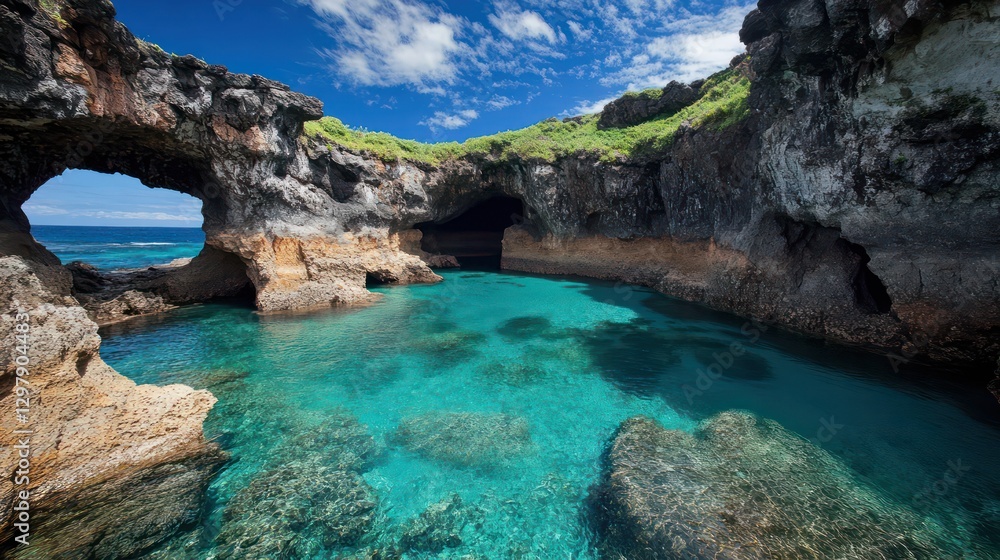 a remote island in Japan with rugged volcanic landscapes and crystal-clear lagoons a remote island in Japan with rugged volcanic landscapes and crystal-clear lagoons
