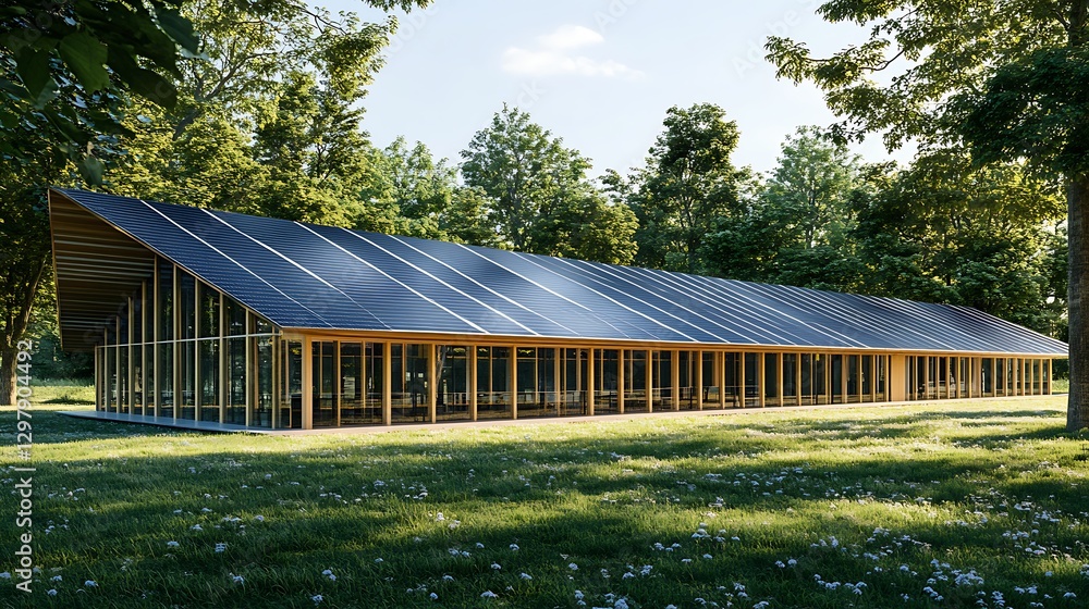Modern sustainable pavilion in a forest setting, sunlight on solar panels Modern sustainable pavilion in a forest setting, sunlight on solar panels