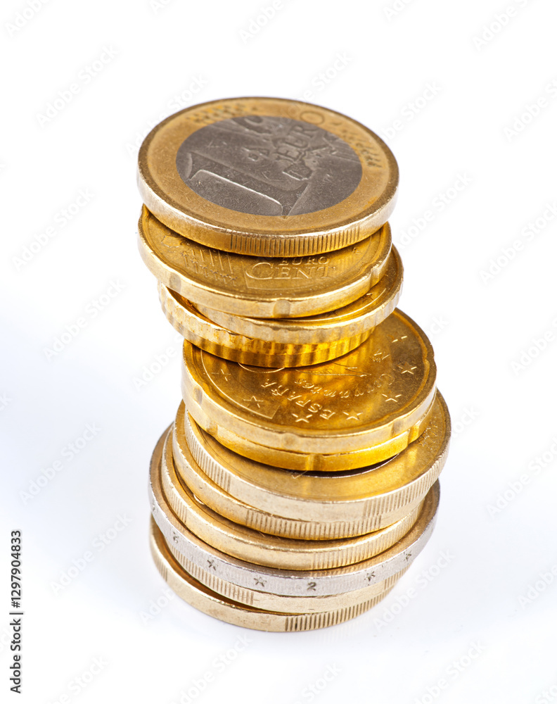 Stack of euro coins balancing on white background representing savings Stack of euro coins balancing on white background representing savings