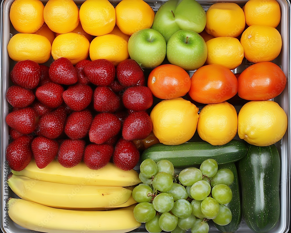 Fresh fruits and vegetables in a tray, healthy food Fresh fruits and vegetables in a tray, healthy food