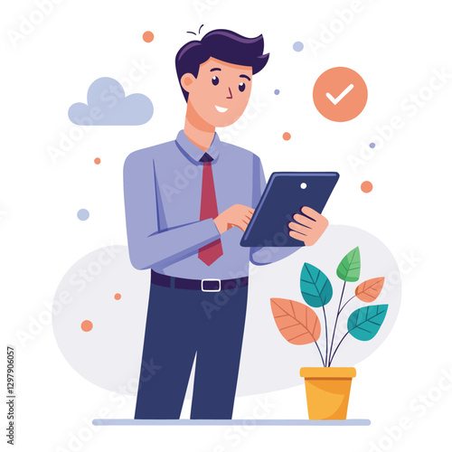 Man holding and using digital tablet computer. Tablet computer concept illustration. Vector illustration in cartoon style.
