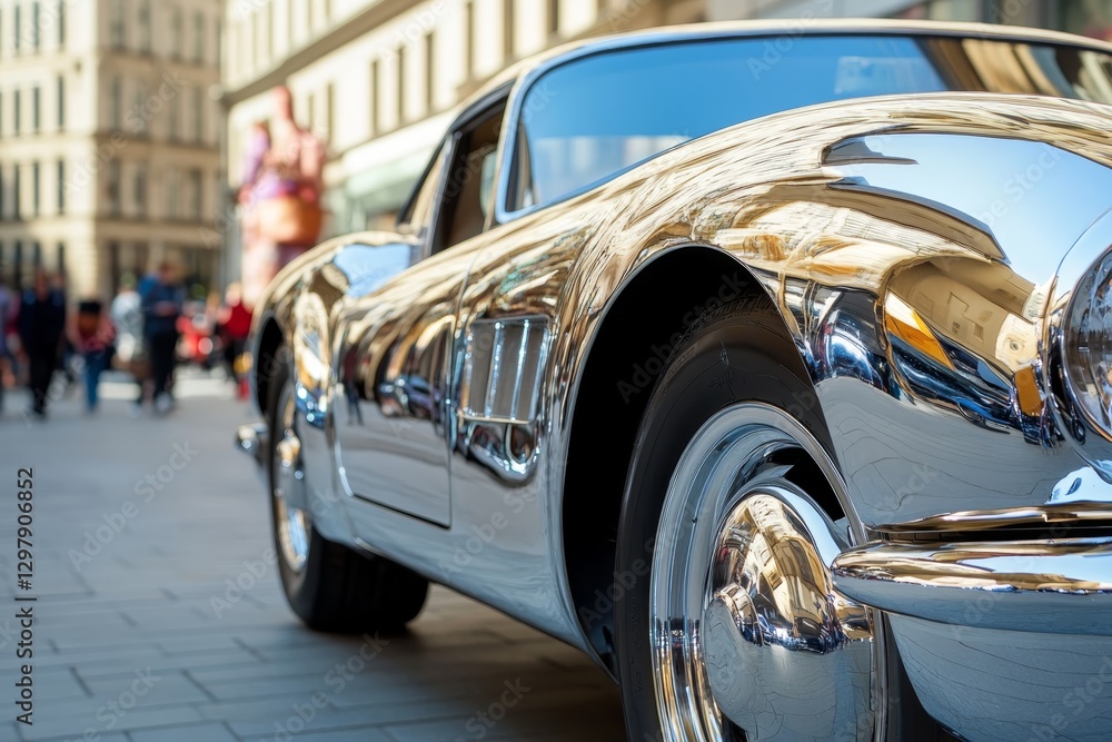 Fototapeta premium Classic vintage car shines under the city lights on a bustling street with people walking in the background