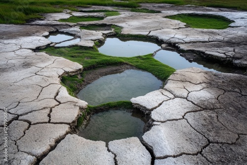 Fields drying out and cracking under the influence of a rainless summer, with shallowing of water bodies. 