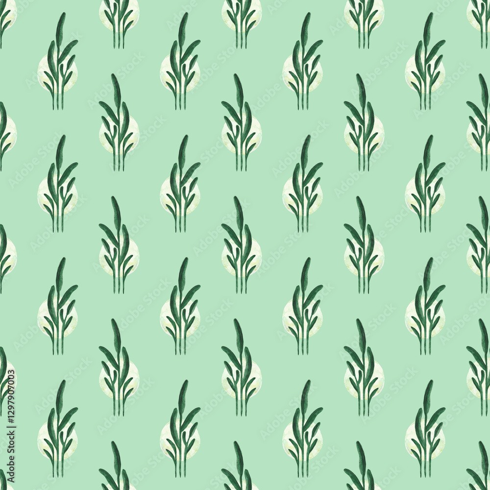Seamless pattern of watercolor green plants on a green background. Botanical watercolor background. Seamless pattern of watercolor green plants on a green background. Botanical watercolor background.