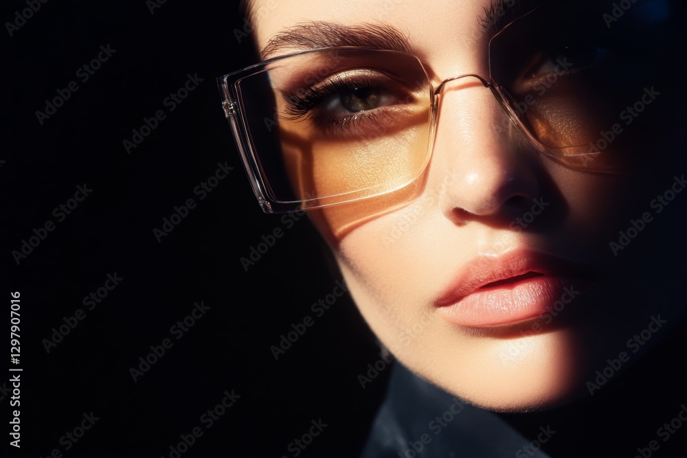 Elegant close-up of a woman with stylish sunglasses showcasing contemporary fashion and beauty in dramatic lighting Elegant close-up of a woman with stylish sunglasses showcasing contemporary fashion and beauty in dramatic lighting