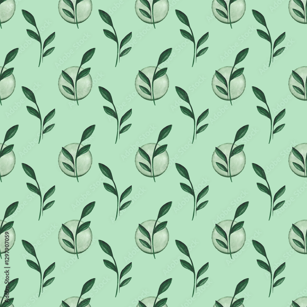 Seamless pattern of watercolor green plants on a green background. Botanical watercolor background.