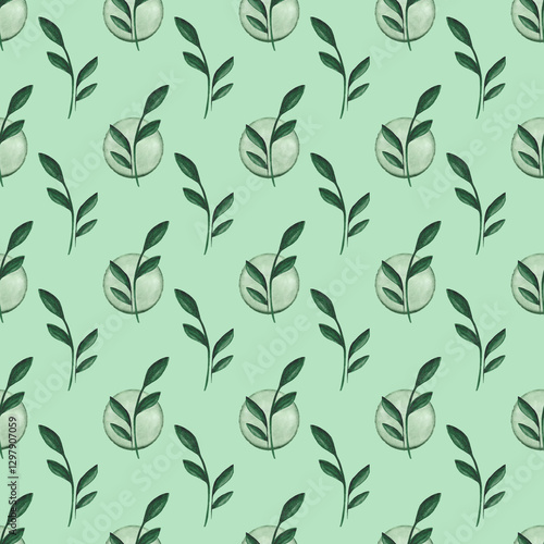 Obraz na płótnie Seamless pattern of watercolor green plants on a green background. Botanical watercolor background. w salonie