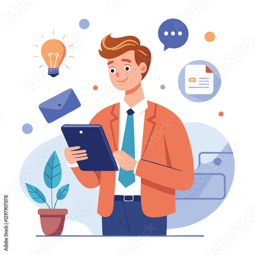 Man holding and using digital tablet computer. Tablet computer concept illustration. Vector illustration in cartoon style.