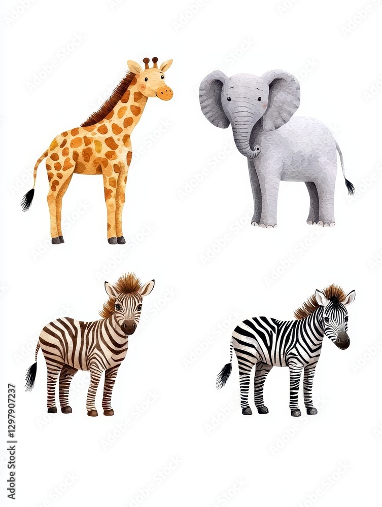 Wild animal illustrations featuring giraffe elephant zebra and habitat children's art creative colorful fun Wild animal illustrations featuring giraffe elephant zebra and habitat children's art creative colorful fun