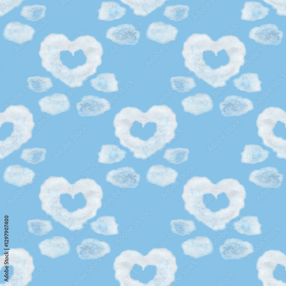 Seamless pattern of heart shaped clouds. Background of watercolor clouds on a blue sky.