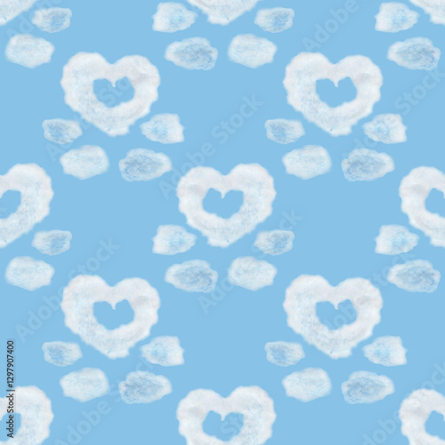 Obraz na płótnie Seamless pattern of heart shaped clouds. Background of watercolor clouds on a blue sky. w salonie