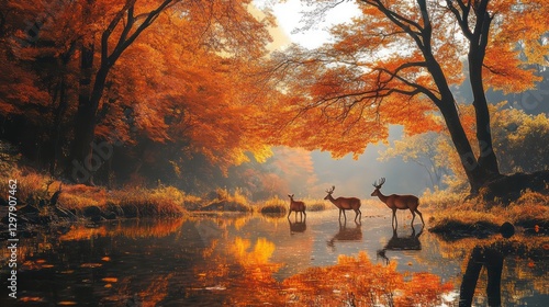 Fototapeta Naklejka Na Ścianę i Meble -  a serene Japanese forest with wild deer grazing peacefully under vibrant autumn foliage