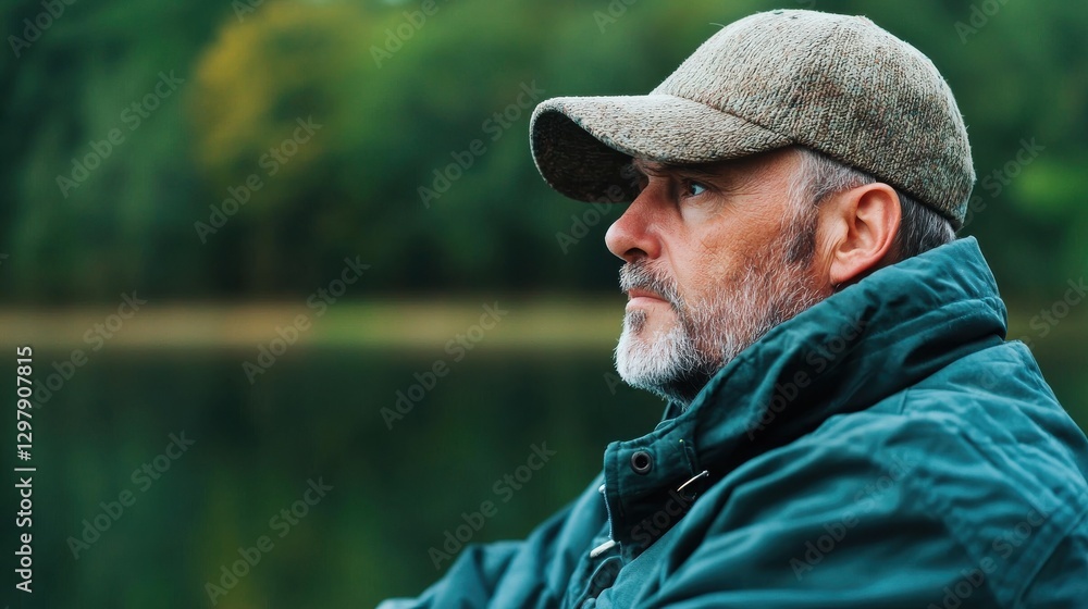 Creative Problem Solving concept. An experienced fisherman sitting by a serene lake intently checking his fishing bait and line Creative Problem Solving concept. An experienced fisherman sitting by a serene lake intently checking his fishing bait and line