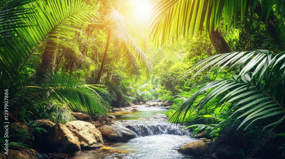Naklejka premium Tropical River in Lush Green Landscape with Sunlight