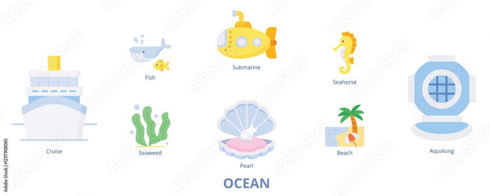 Fototapeta premium Ocean Banner Flat Web Icon Set Vector Illustration, Seaweed Cruise Fish Pearl Submarine Seahorse Aqualung Beach