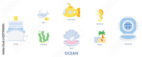 Ocean Banner Flat Web Icon Set Vector Illustration, Seaweed Cruise Fish Pearl Submarine Seahorse Aqualung Beach