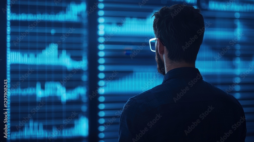 Creative Problem Solving concept. Financial Professional Examining Futuristic Market Data Hologram Creative Problem Solving concept. Financial Professional Examining Futuristic Market Data Hologram
