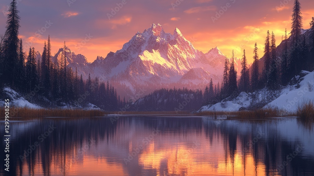 Fototapeta premium Serene mountain lake reflects vibrant sunset hues amidst snowy peaks and evergreen forests landscape scenic for nature exploration