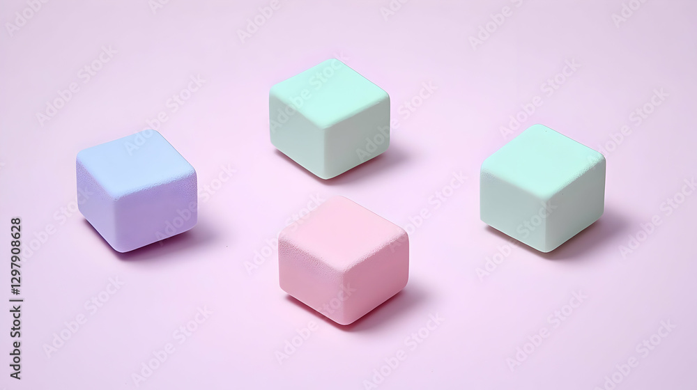 Four Pastel Colored Textured Cubes Arranged on a Soft Pink Surface with Minimalist Aesthetic Four Pastel Colored Textured Cubes Arranged on a Soft Pink Surface with Minimalist Aesthetic