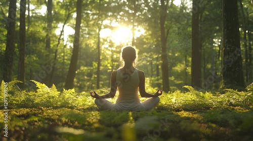 A young woman finds zen in a summer park, meditating in a lotus pose during her outdoor yoga exercise photo