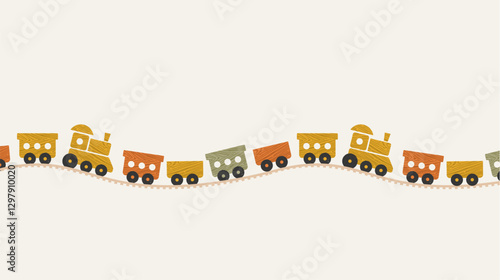 Little wooden train horizontal composition. Children toy. Locomotive and wagon. Vector illustration