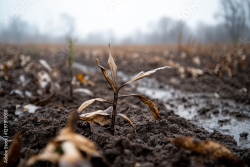 Agricultural fields destroyed by wind and rain, with dead plants and destroyed crops. photo