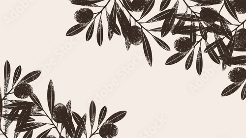 Greenery background with olive tree branches. Olive tree leaves and berries. Vector illustration