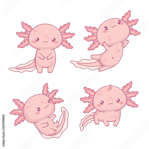 Cute pink Axolotl collection. isolated Little cartoon kawaii character mascot animal. Vector illustration