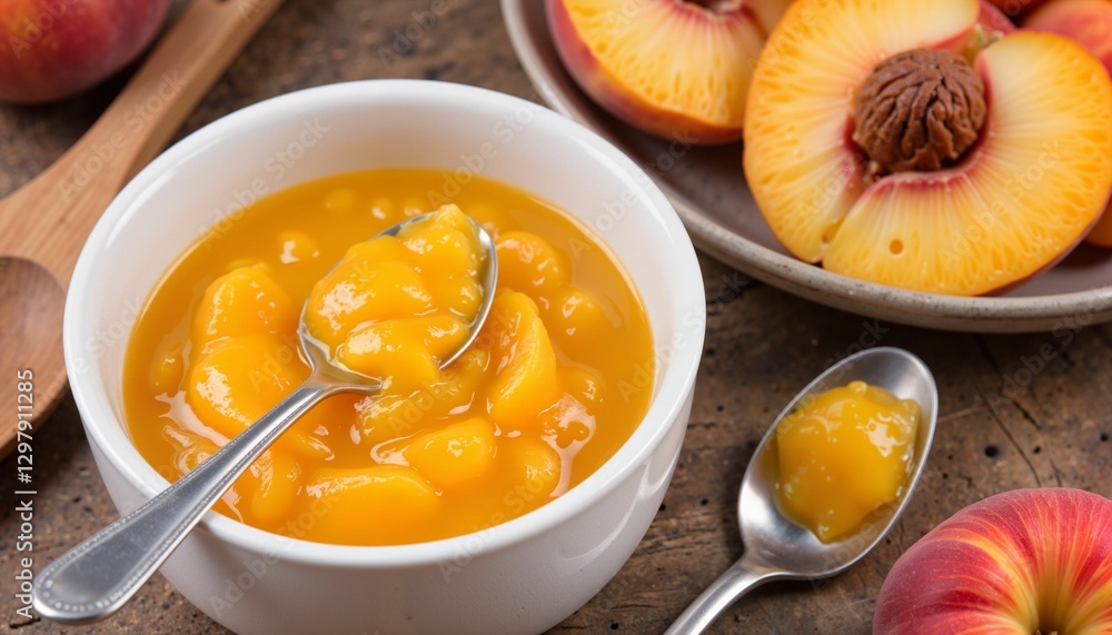 Peach slices in bowl with spoon and fresh peaches on wooden table
