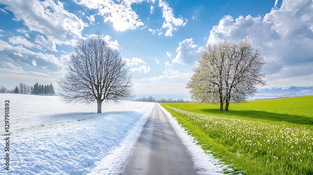 A Scenic View Capturing the Transition from Winter to Spring in Nature A Scenic View Capturing the Transition from Winter to Spring in Nature