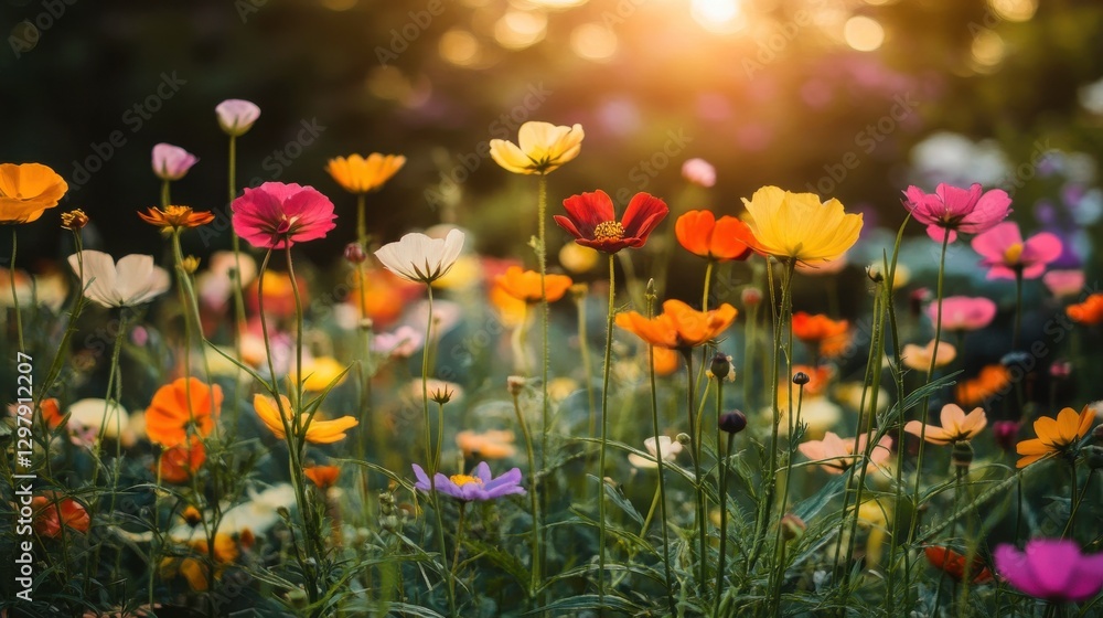 Obraz premium Vibrant Wildflowers in Bloom During Golden Hour