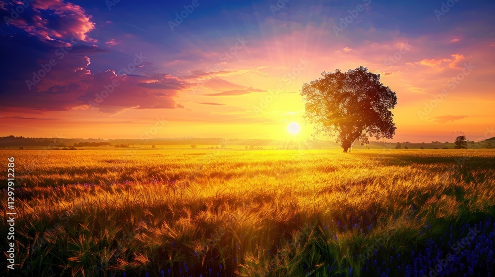 Fototapeta premium Beautiful spring field view at sunset scene view background. AI generated image