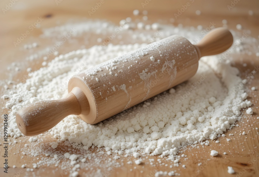 A wooden rolling pin sits on a floured surface, ready for baking. A simple, warm kitchen scene that captures the essence of homemade cooking and pastry preparation. A wooden rolling pin sits on a floured surface, ready for baking. A simple, warm kitchen scene that captures the essence of homemade cooking and pastry preparation.