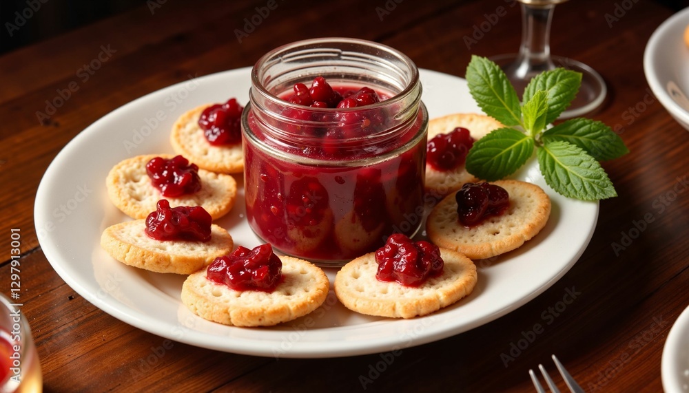 Jam jar with crackers and mint leaves on a white plate Jam jar with crackers and mint leaves on a white plate