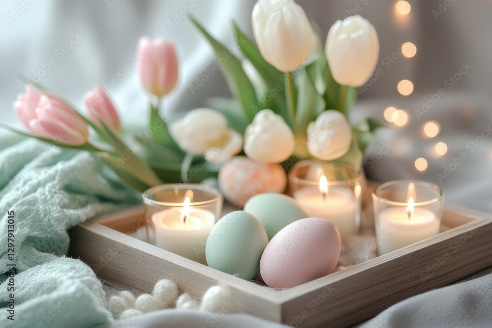 Spring easter decor with candles pastel eggs on soft fabric Spring easter decor with candles pastel eggs on soft fabric