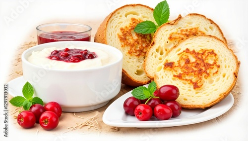 Wallpaper Mural Delicious breakfast with cream, bread, and cranberries on table Torontodigital.ca