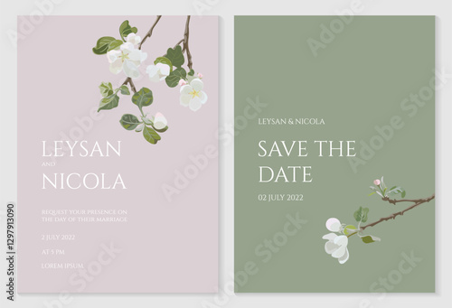 Wedding invitation with blossoming apple tree branches. Card template in soft green and pink tones.