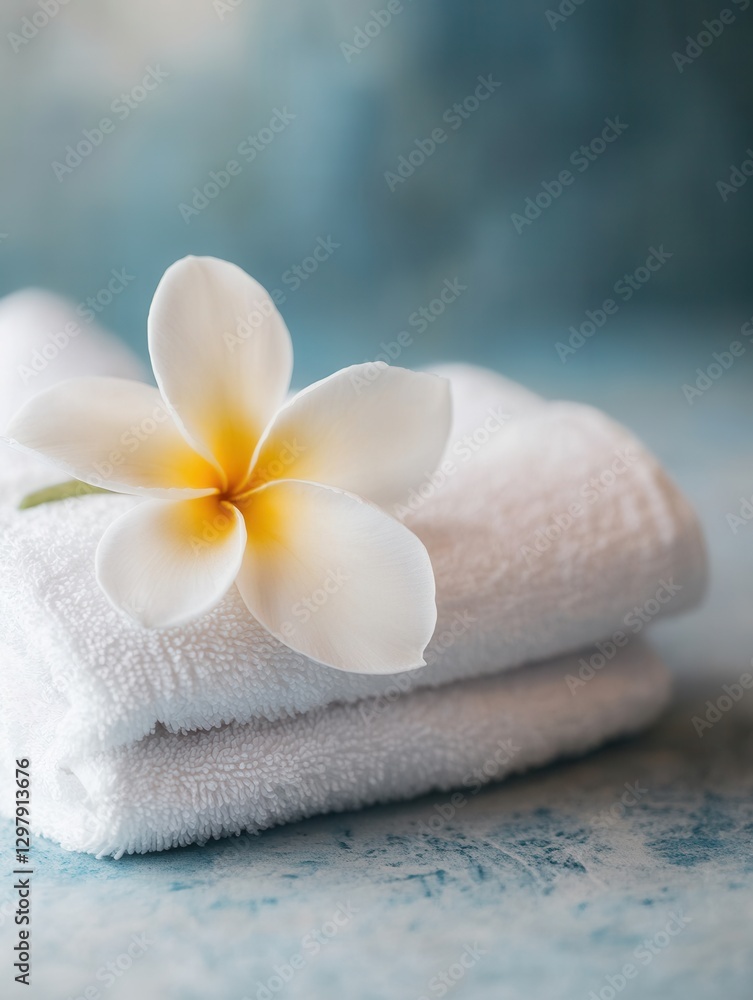 Tropical spa setting with white towels frangipani flower Tropical spa setting with white towels frangipani flower
