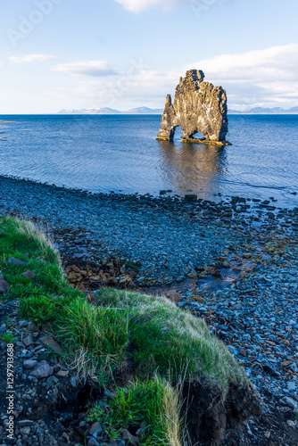 Dinosaur shaped rock called Hvitserkur in northern Iceland. photo