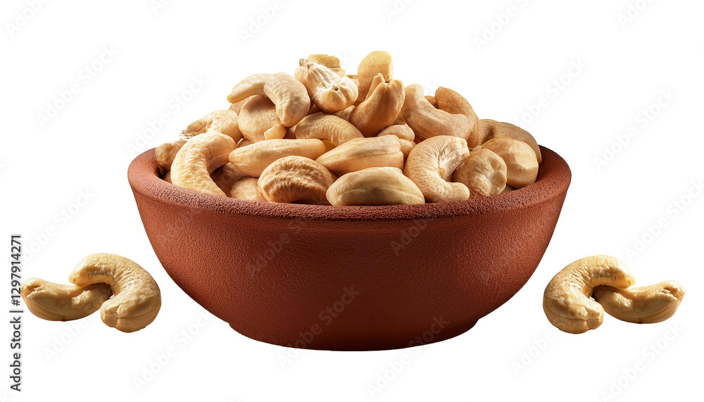 Cashew Nuts in a Handmade Clay Bowl, Transparent Background Cashew Nuts in a Handmade Clay Bowl, Transparent Background