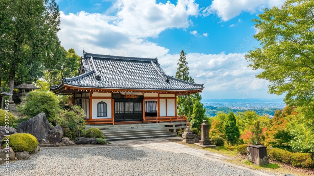 a traditional Japanese shrine overlooking a quiet countryside valley, blending history with nature a traditional Japanese shrine overlooking a quiet countryside valley, blending history with nature