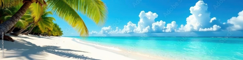 Obraz premium Azure waters lap pristine sands, palm trees sway gently in the breeze , tropical, escape, horizon