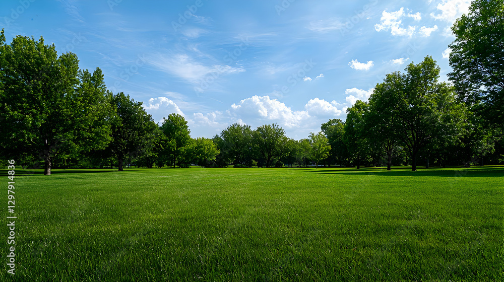 Expansive Green Field With Lush Grass Under Bright Blue Sky and Tree Line Expansive Green Field With Lush Grass Under Bright Blue Sky and Tree Line