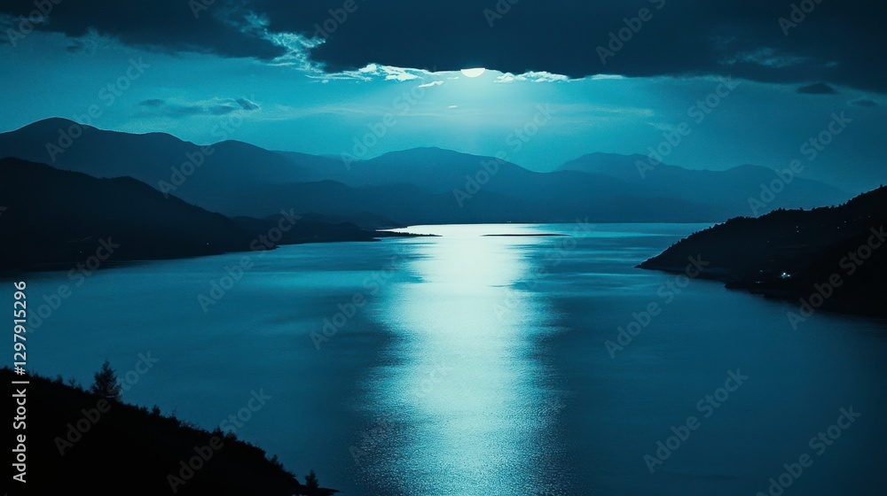 Fototapeta premium Calm Waters Reflecting Moonlight Over Serene Lakes