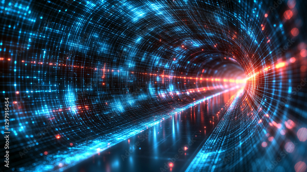 A 3D wireframe tunnel with a perspective grid background, creating an optical illusion of spiral motion. The abstract geometric design evokes retro-futuristic cyberpunk aesthetics and modern geometry A 3D wireframe tunnel with a perspective grid background, creating an optical illusion of spiral motion. The abstract geometric design evokes retro-futuristic cyberpunk aesthetics and modern geometry