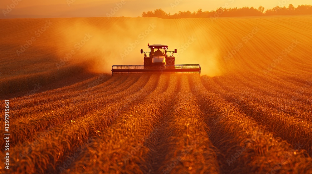 Fototapeta premium A tractor harvesting crops at sunset, surrounded by golden fields.
