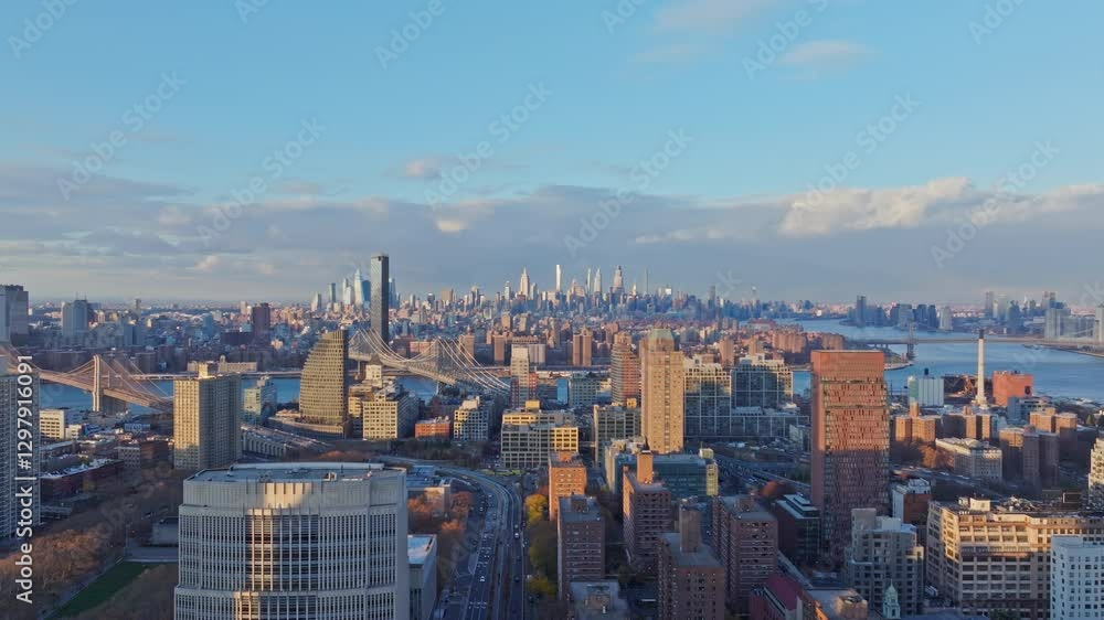 Aerial perspective showcasing New York City's iconic skyline during daytime, featuring Brooklyn and Manhattan bridges over East River Aerial perspective showcasing New York City's iconic skyline during daytime, featuring Brooklyn and Manhattan bridges over East River