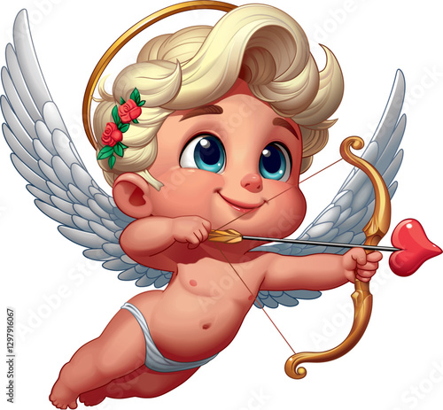 Cupid with white curls, takes aim with an arrow from a bow