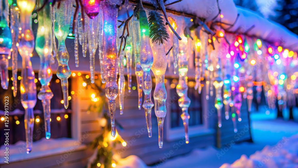 Fototapeta premium icicles hanging on the roof, abstract background with colorful lights, Iridescent icicle lights, Christmas lights background, abstract background with colorful lights